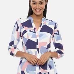 Campus Sutra White & Blue Print Mandarin Collar Crepe Blouson Top-image-77