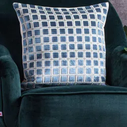 Just Home Teal & White Checked Jacquard Velvet Square Cushion Cover-24