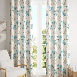 Trance Home Linen White & Blue 2 Pieces Floral Printed Cotton Long Door Curtain-image-83