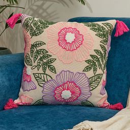 NURTURE INDIA Pink & Cream-Coloured Floral Embroidered Cotton Square Cushion Cover-41