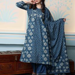 Ishin Floral Printed Round Neck Three-Quarter Sleeves Cotton Kurta with Trousers & Dupatta-picture-0