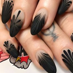 Secret Lives Set Of 24 Matte Almond Shape Leaves Design Reusable Nails - Translucent Black-16