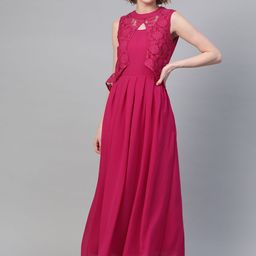 Athena Women Magenta Solid Maxi Dress with Lace Inserts Detail-picture-17