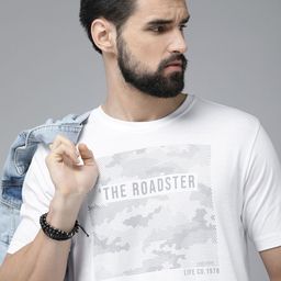 Roadster Men White & Grey Graphic Printed Pure Cotton T-shirt-image-79