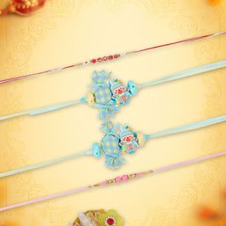 Yellow Bee Set Of 4 Unisex Beaded Thread Rakhis With Greeting Card & Roli Chawal Holder-image-99