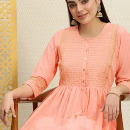 House of Pataudi Women Peach-Coloured Yoke Design Checked Anarkali Jashn Kurta-image-87