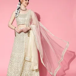 Kvsfab Off White Embroidered Sequinned Semi-Stitched Lehenga & Blouse With Dupatta-image-21