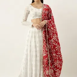 LOOKNBOOK ART White & Red Sequinned Semi-Stitched Lehenga & Unstitched Blouse With Dupatta-picture-3
