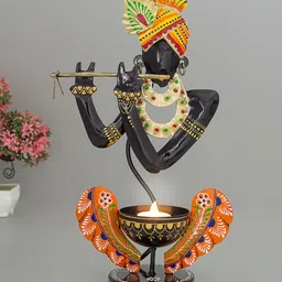 Golden Peacock Black & Orange Handpainted T-Light Krishna Candle Holder-picture-44