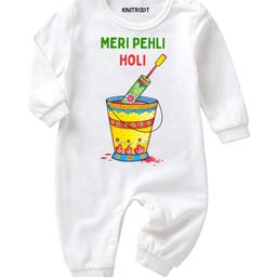 KNITROOT Infants Kids White Pehli Holi Printed Regular Fit Cotton Rompers-image-72