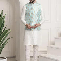 SOJANYA Men Off-White & Blue Solid Kurta & Churidar with Woven Design Nehru Jacket-15