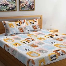 FABINALIV White & Yellow Cartoon Characters 300 TC Fitted King Bedsheet Set 2.50m X 2.25m-14