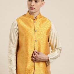 SOJANYA Men Mustard Yellow & Golden Self-Design Nehru Jacket-25