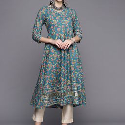 KSUT Women Teal Green & Coral Ethnic Motifs Printed Gotta Patti Anarkali Kurta-picture-35