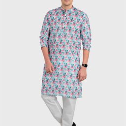 SHIWAM ETHNIX Men White & Blue Floral Printed Kurta-24