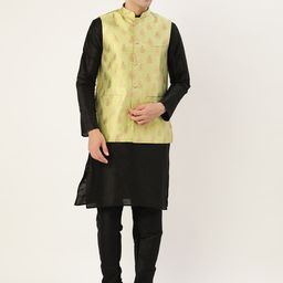 SOJANYA Men Black & Lime Green Solid Kurta & Churidar with Woven Design Nehru Jacket-picture-29