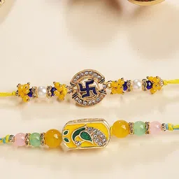 KARATCART Men Set of 2 Peacock and Swastik Design Enamel Kundan Rakhi with Roli & Chawal-image-1