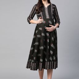 YASH GALLERY Women Black & White Cotton Printed A-Line Maternity Dress-image-97