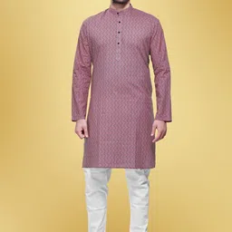 SHIWAM ETHNIX Mandarin Collar Thread Work Block Print Cotton Straight Kurta-image-60