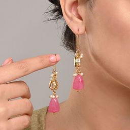 Anvik Gold-Plated Artificial Stone Studded And Beaded Contemporary Shaped Drop Earrings-16