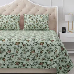 BELLA CASA Stella Collection Green Printed 180 TC Cotton King Bedsheet & 2 Pillow Covers-picture-2