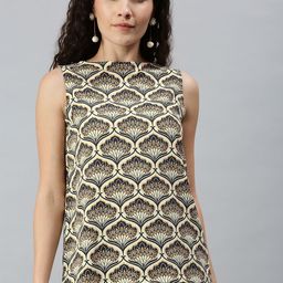 Campus Sutra Cream-Coloured and Black Floral Pure Cotton Tank Top-image-0