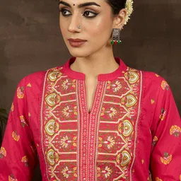 Indo Era Women Ethnic Motifs Printed Thread Work Pure Cotton Kurta Trousers-picture-46