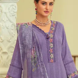 Varanga Geometric Printed Notch Neck Thread Work Pure Cotton Kurta With Trouser & Dupatta-image-44