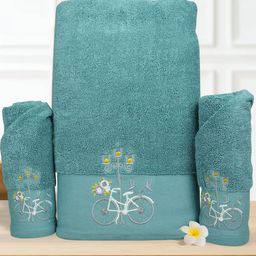 RANGOLI 3 Pcs Turquoise Blue Self-Design 550 GSM Pure Cotton Anti-Bacterial Towel Set-32