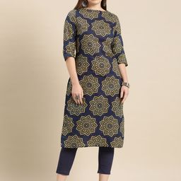 Anouk Women Navy Blue And Mustard Floral Printed Pure Cotton Kurta with Trousers-image-83
