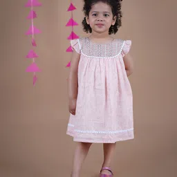 Little Llama Girls Floral Printed Flutter Sleeve Pure Cotton A-Line Dress-image-26