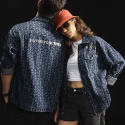 WROGN Unisex Conversational Typography Printed Boxy Fit Pure Cotton Denim Jacket-42