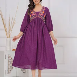 SARAI CREATIONS Cotton Dobby Purple Thread Embroidered A Line Midi Dress-image-96