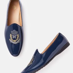 House of Pataudi Men Navy Blue Handcrafted Embroidered Patent Leather Mojaris-image-97