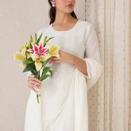 Indo Era Women Floral Embroidered Regular Thread Work Cotton Kurta with Trousers & Dupatta-picture-53
