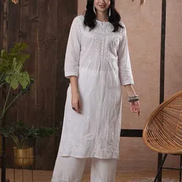 ADA Women White Chikankari Hand-Embroidered Straight Sustainable Handloom Kurta-image-56