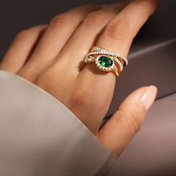Rubans 18K Gold Plated Emerald Green & Cubic Zirconia Studded Adjustable Statement Ring-18