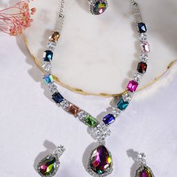 MANSIYAORANGE Rhodium-Plated AD Studded Necklace With Earring & Adjustable Ring-image-4