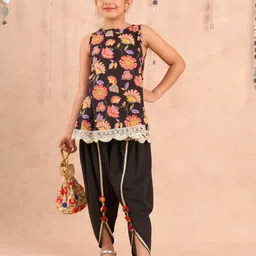 LIL DRAMA Girls Floral Printed Gotta Patti Pure Cotton A-Line Kurta With Dhoti Pant-image-89