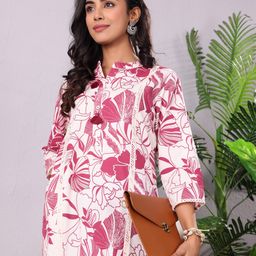 Varanga Floral Printed Mandarin Collar Panelled Cotton A-Line Kurta-picture-56