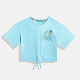 United Colors of Benetton Girls Embroidered Pure Cotton Front Knot Crop T-shirt-picture-42