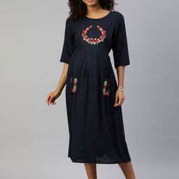 MomToBe Navy Blue Embroidered Cotton A-Line Maternity Nursing Sustainable Dress-image-79