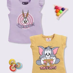 YK X Minute Mirth Girls Assorted Pack Of 2 Looney Tunes Printed Flutter Sleeve Top-image-75
