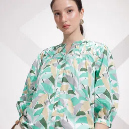 her by invictus Floral Print Mandarin Collar Puff Sleeve Cotton Top-image-69