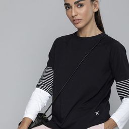 HRX by Hrithik Roshan Women Black & White Pure Cotton Solid T-shirt-image-79