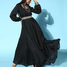 Inddus Women Classic Black Solid Ethereal Embroidery Dress-image-57