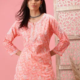 ADA Women Plus Size Peach-Coloured Floral Embroidered Chikankari Kurti-picture-35
