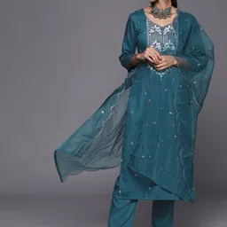 Varanga Women Teal Ethnic Motifs Embroidered Sequinned Kurta with Trousers & With Dupatta-picture-20