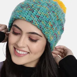 Magic Needles Unisex Sea Green & Mustard Yellow Handmade Beanie with Pompom Detail-image-43