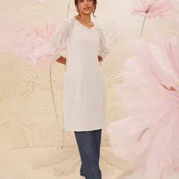 AURELIA Striped Woven Design V Neck Puff Sleeves Pure Cotton Straight Kurta-98